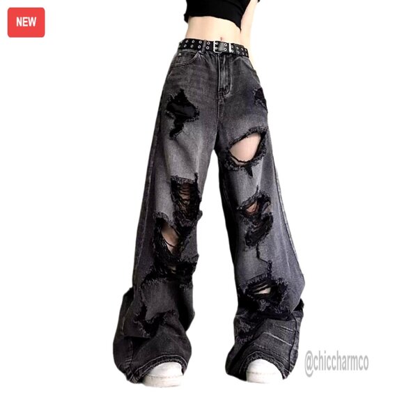 High Waisted Baggy Jeans Ripped Straight Leg Distressed Y2K Grunge Pants